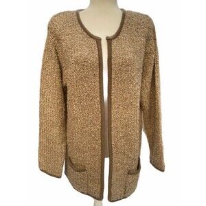 Vintage Susan Ess Tan Beige Ribbed Knit Cardigan Sweater Pockets Size Large L